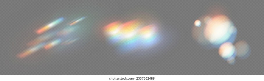 Conjunto de lentes vectoriales coloridas y bengalas luminosas con efectos transparentes. Efecto de reflexión sobre la filtración de cristal irlandés. Luces ópticas de arco iris, resplandor, filtración, superposición de rayas. caía confetti. Vector