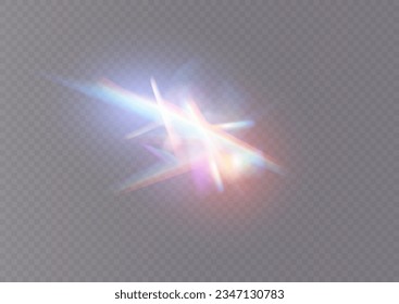 Eine Reihe von bunten Vektorlinsen und Lichtbildern mit transparenten Effekten. Kristalllecker-Reflektionseffekt. Optische Regenbogenlampen, Brille, Leck, Streak Overlay. fallender Konfetti. Vektorgrafik