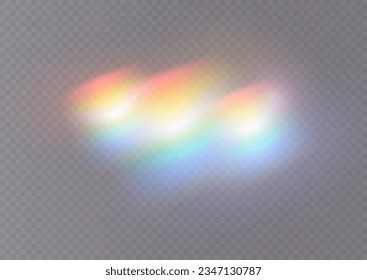 Set of colorful vector lenses and light flares with transparent effects. Iridescent crystal leak glare reflection effect. Optical rainbow lights, glare, leak, streak overlay. falling confetti. Vector