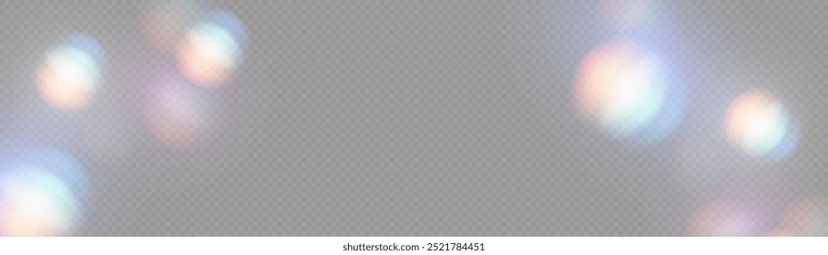 Conjunto de lentes de Vector de colores y destellos de luz con efectos transparentes. Efecto de reflexión de deslumbramiento de fuga de cristal iridiscente. Luces ópticas del arco iris, resplandor, fuga, superposición de la raya. Vector