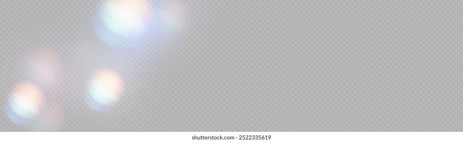 Conjunto de lentes vetoriais coloridas e clarões claros com efeitos transparentes. Efeito de reflexo de brilho de vazamento de cristal iridescente. Luzes ópticas do arco-íris, brilho, vazamento, sobreposição de listras. confete caindo. Vetor