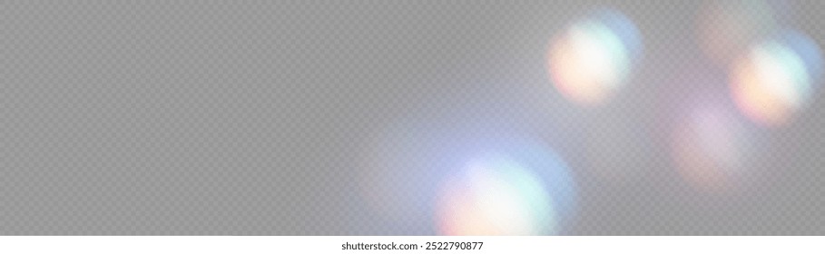 Set von bunten Vektorlinsen und hellen Leuchtfackeln mit transparenten Effekten. Irisierende Kristallleckreflexion. Optische Regenbogenlampen, Blendung, Leck, Streifen Overlay. Konfetti. Vektorgrafik