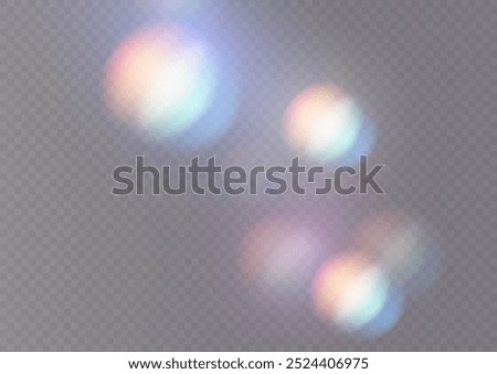 Set of colorful vector lenses and light flares with transparent effects. Iridescent crystal leak glare reflection effect. Optical rainbow lights, glare, leak, streak overlay. falling confetti. Vector
