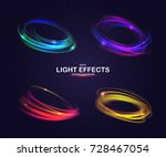 Set of colorful vector light effects. Glowing light rings with particles. Collection of shiny magic effects on dark transparent background. Multicolored sparkles banners with spiral and swirl