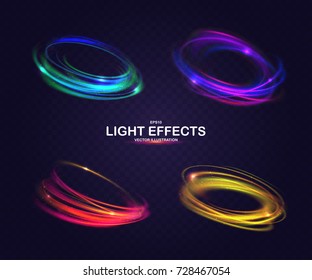 Set of colorful vector light effects. Glowing light rings with particles. Collection of shiny magic effects on dark transparent background. Multicolored sparkles banners with spiral and swirl