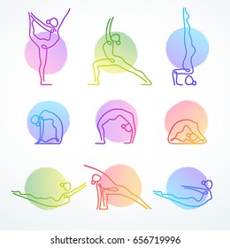 Set of colorful vector line figures in various yoga poses