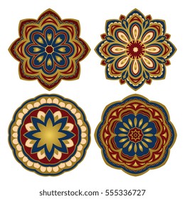 Set of colorful vector mandalas. Collection of stylized round ethnic ornaments. Template for embroidery. Simple design elements.