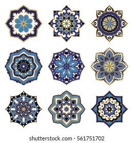 Set of colorful vector mandalas. Collection of stylized round ethnic ornaments. Template for embroidery.  Blue design elements. Colorful patterns.