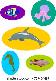 Set of colorful vector marine animals (fish, jellyfish, seahorse, dolphin)