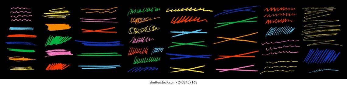Set of colorful vector marker underlines and crosses. Vector brushstroke highlights. Strike through underline pencil marks. Rough hand drawn pen scribble elements. Emphasis free hand doodle drawing