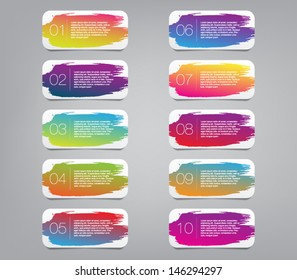 Set of colorful vector paper banners / labels / tags with brush stroke hand painted / watercolor stains background. Grunge style