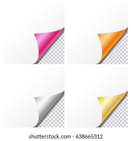Set of colorful vector paper curled corners isolated on transparent background