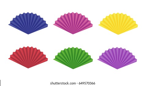 Set of colorful vector paper fans isolated on white background