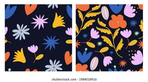 Set of colorful vector patterns with different flowers and plant elements and stars. Floral illustration. Backdrop, template. For cards, posters, textile.