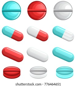 Set of colorful vector pills and capsules for medical treatmeant isolated on white background
