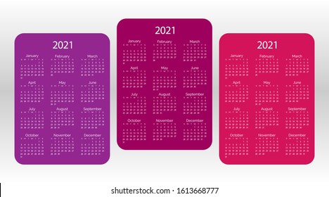 Set of colorful vector pocket calendar 2021 year. Minimal business simple clean design. English grid, week starts from sunday. 