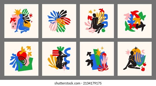 Set of colorful vector poster include women figures,birds, fruits, abstract shapes, stars, eyes and plants inspired by Matisse.  Trendy minimal cut paper for poster, logos, patterns and covers. 