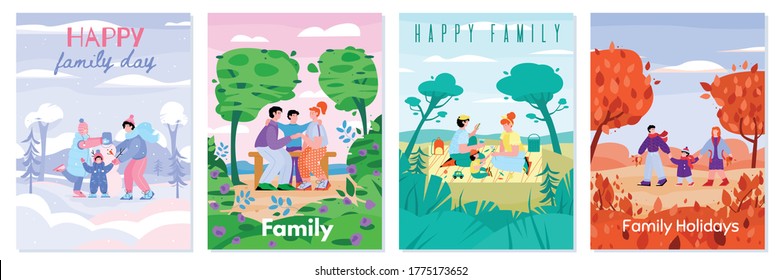 A set of colorful vector posters or banners of family activity at different times of the year: ice skating and snowman modeling, a walk in the autumn Park, a picnic in the summer, in the spring Park.