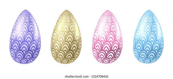 Set of colorful  vector realistic eggs with abstract pattern. Traditional religion seasonal food illustrations collection for Easter. Gold, pink, blue, violet eggs