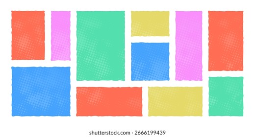 Conjunto de retângulos vetoriais coloridos com pontos de meio-tom e planos de fundo de gradiente suave. Ideal para designs de pop art, adesivos, elementos de scrapbook, etiquetas ou modelos de quadrinhos retrô.