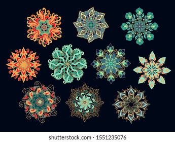 Set of colorful vector rosettes, mandala, snowflakes on dark background