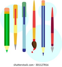Set of colorful vector school stationery writing tools- pencils, pens, brush. Colorful back to school writing set
