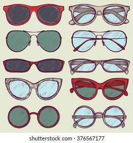 set of colorful vector sketched glasses