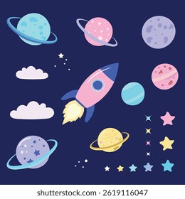 Set of colorful vector space elements including rockets, planets, stars, and cosmic objects on dark background. Perfect for kids' designs, posters, educational materials, and decorations.