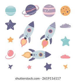 Set of colorful vector space elements — rockets, planets, stars — on white background. Ideal for kids' designs, educational materials, posters, stickers, and creative projects.