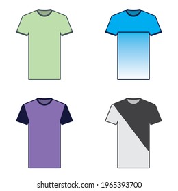 Set of colorful vector sports t-shirts with short sleeves. Front view illustration.