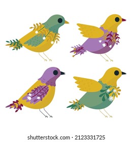 Set of colorful vector spring birds with flowers isolated on white background.