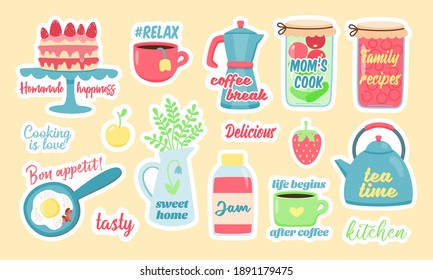 Set of colorful vector stickers of assorted homemade food and drinks with cute inscriptions designed as home coziness and care