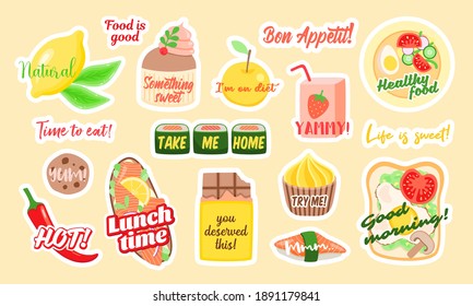 Set of colorful vector stickers of assorted healthy and unhealthy food with stylish inscriptions designed as takeaway food concept illustrations