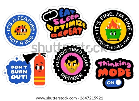 Set of colorful vector stickers with funny and motivational tech-themed quotes. Includes illustrations of burnout, coding, sleep, and debugging humor. Perfect for developers.