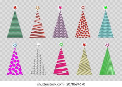 Satz bunter, Vektorstilisierter Weihnachtsbaum, Modelogo-Symbol festlich, geprägter geometrischer Baum in lebhaften Farben einzeln auf transparentem Hintergrund