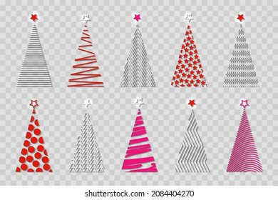 set of colorful vector stylized Christmas tree, logo icon festive, embossed geometric tree, isolated on transparent background