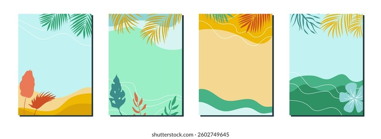Set of colorful vector summer backgrounds with tropical leaves and waves.
