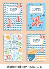 Set of colorful vector summer holidays cards. Hand drawn sea vacation greeting cards, save the date.