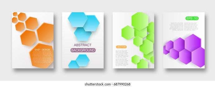 Set of colorful vector templates backgrounds. Polygonal style with hexagon and shadows. Modern design, white background. Volume paper geometric tech figures. Can be used web banners or flyers. EPS 10.