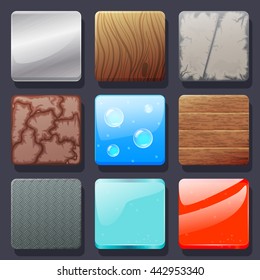 Set of colorful vector textured icons. Metallic, wooden, stone, water, icy jelly backgrounds for the app icons.