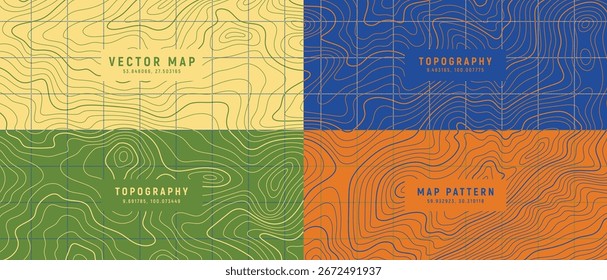 Conjunto de fondos de topografía de Vector de colores con líneas de mapa de contorno. Ilustración geométrica del paisaje para los carteles, las cubiertas, la aventura, el senderismo, el diseño del viaje, y los patrones abstractos modernos.