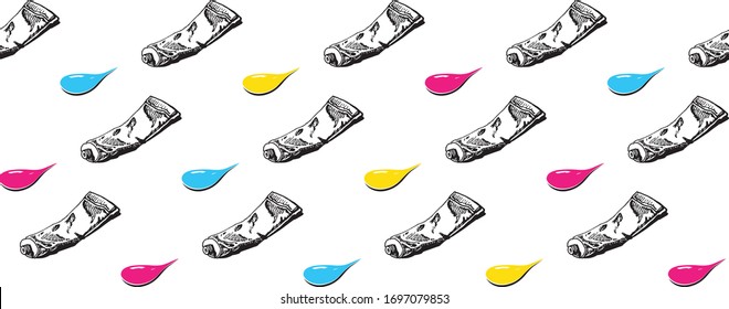 Set of colorful vector used paint tubes. Seamless pattern. Hand drawn simple linear style