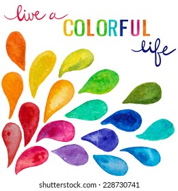 Set of colorful vector watercolor drops and text