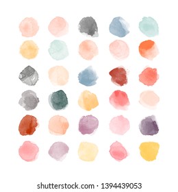 Set of colorful vector watercolor hand painted round shapes, stains, circles, blobs isolated on white. Illustration for artistic design