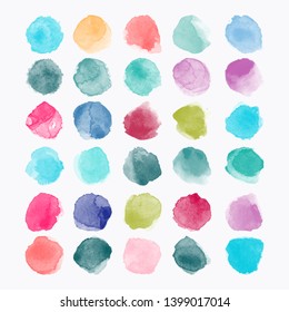 Set of colorful vector watercolor hand painted round shapes, stains, circles, blobs isolated on white. Illustration for artistic design