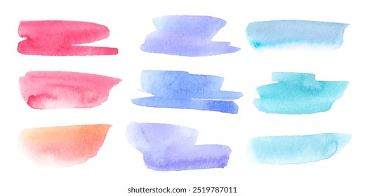 Set of colorful vector watercolor stains. Hand drawn brush strokes, splashes, artistic creative design elements. Grunge aquarelle texture. Isolated on white background