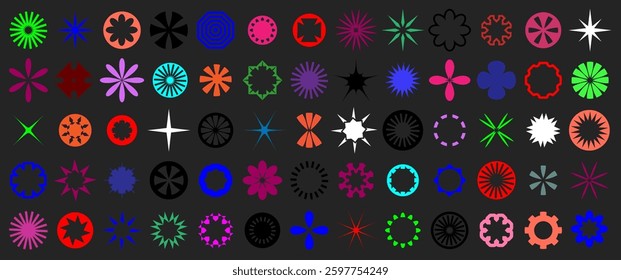 Set of colorful vector wheels. Y2K elements. Vector illustrations, fashion elements, stars, 90s, 2000s style