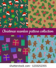 Set of colorful vector winter holidays Christmas seamless pattern collection. Merry Christmas and Happy New Year decoration. Gift, gingerbread, santa hat and sock, candy cane, baubles and holy berry