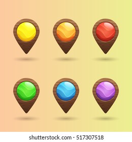 Conjunto de punteros de mapa de madera vectorial de colores, marcadores. Elementos de dibujos animados para el diseño web o de juegos aislados en fondo pastel.