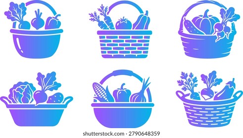 Set of colorful vegetable baskets, farm fresh produce, healthy food, harvest season, garden bounty, digital art.